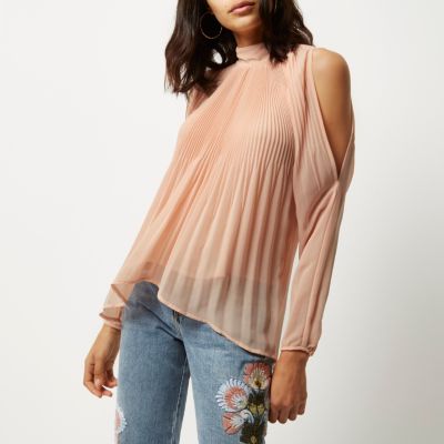 Nude pleated cold shoulder blouse